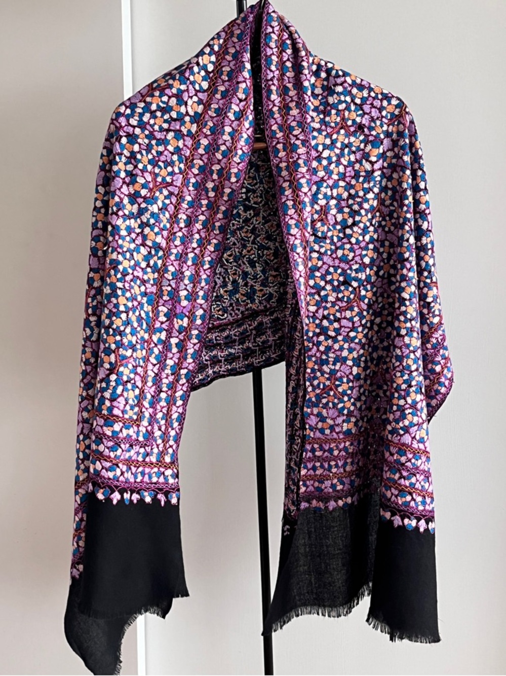 Exquisite Phulkari Wool Shawl Wrap Mauve Turquoise Peach 🍑 Hand Embroidery 75"